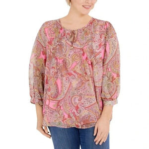 Tommy Hilfiger Pink Paisley Pintuck Lightweight Blouse Top Size XS
